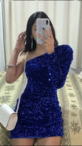 Damen-Funkelnde-Pailletten-Heimkehr-Kleid Ein-Schulter Langarm-Mini-Club-Party-Kleid Y4190