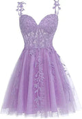 Lila Blumen-Tüll-Kurzabendkleid für den Homecoming mit Spitze, Strasssteinen und Applikationen Y857