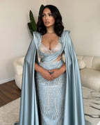 Superbe robe de bal longue bleue à col en V, manches et sequins, style sirène en dentelle