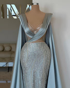 Superbe robe de bal longue bleue à col en V, manches et sequins, style sirène en dentelle