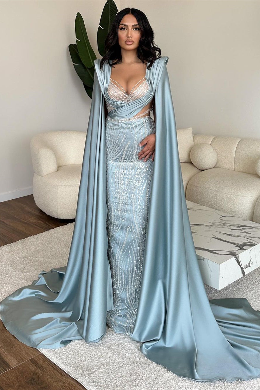 Fabelhaftes langes blaues V-Ausschnitt Meerjungfrau-Sequins-Spitzen-Abschlussballkleid mit Ärmeln