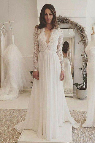 Fabulosos vestidos de noiva em chiffon com renda marfim, mangas compridas, costas nuas e decote em V, MW173