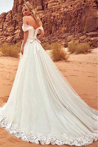 Fabelhaftes weißes A-Linien-Brautkleid aus schulterfreiem Tüll mit Schleppe, MW235 