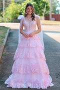 Vestido de festa comprido rosa com decote em V e aplicações, corte A, PSK614