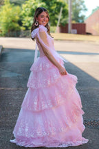 Fairy A Line V Neck Pink Long Prom Dress with Appliques PSK614