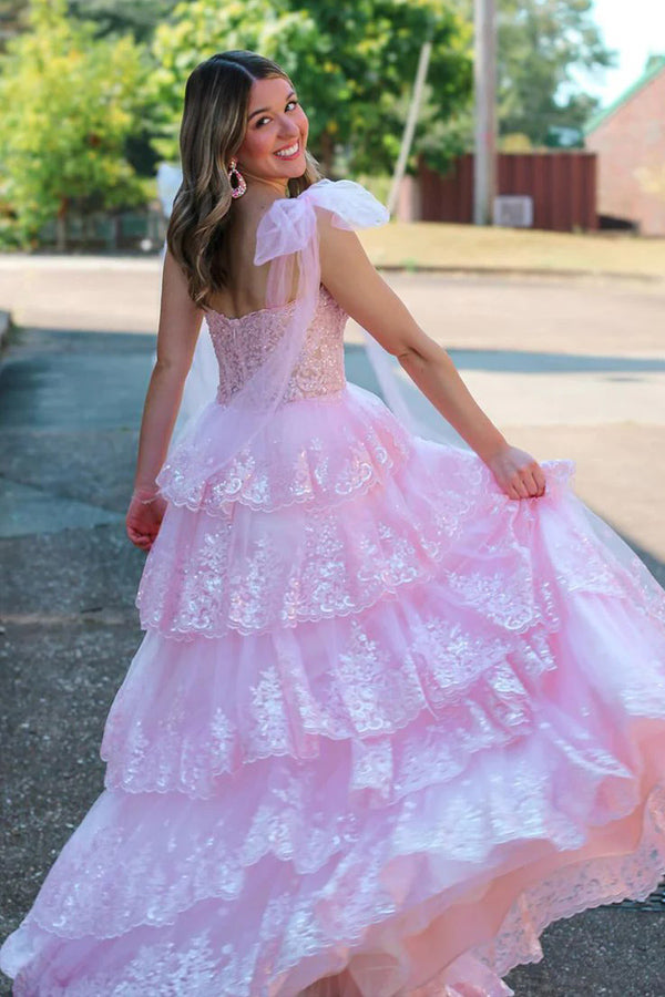 Fairy A Line V Neck Pink Long Prom Dress with Appliques PSK614