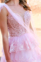 Fairy A Line V Neck Pink Long Prom Dress with Appliques PSK614