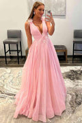 Robe de soirée longue en tulle rose sans dos avec encolure en V plongeante PSK401