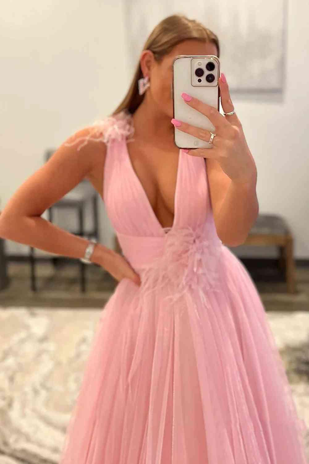 Feathers Backless Pink Plunging V-Neck Tulle Long Formal Dress PSK401