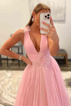 Feathers Backless Pink Plunging V-Neck Tulle Long Formal Dress PSK401