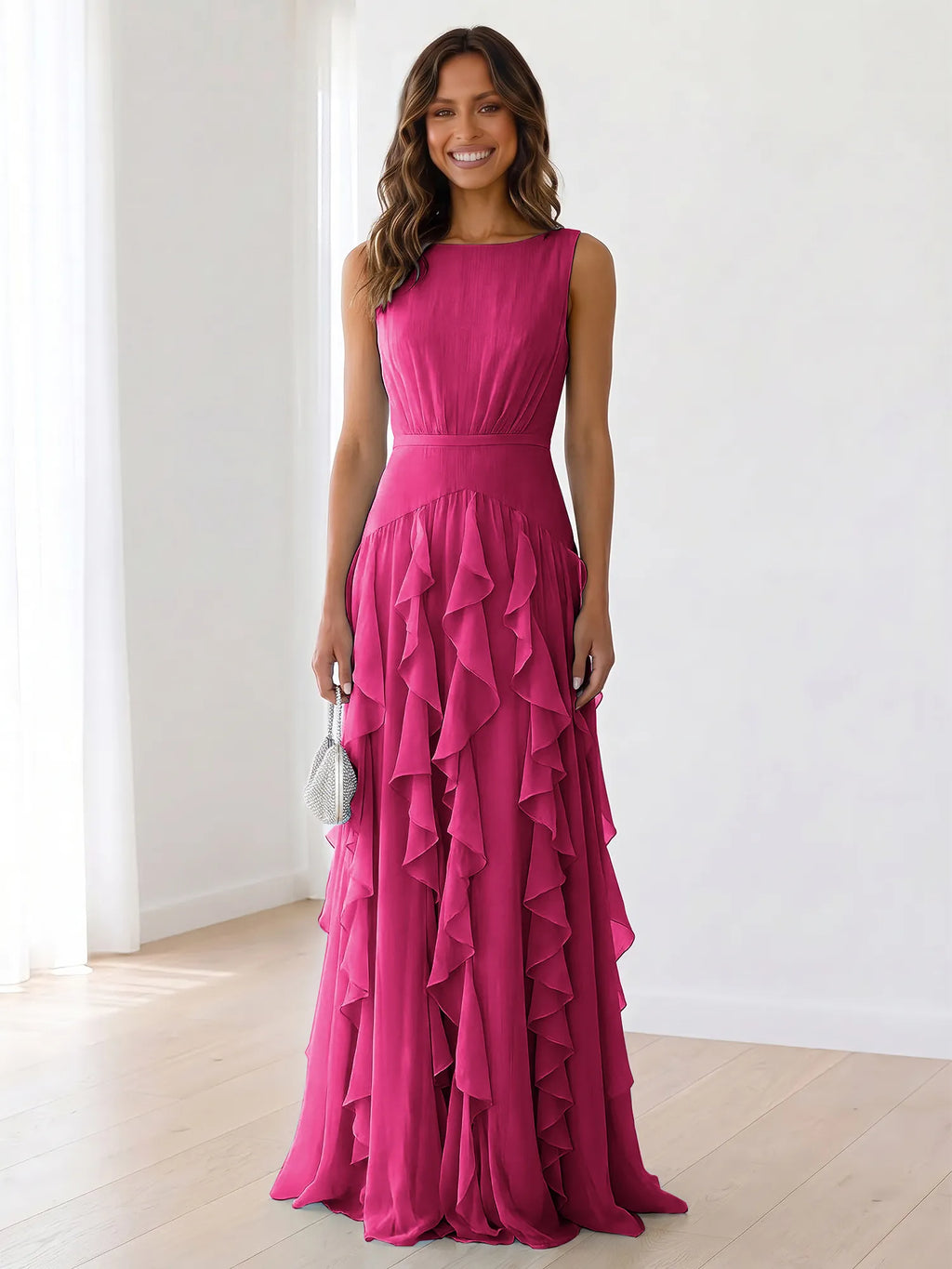 Sleeveless Tiered Chiffon Maxi Evening Gown with Ruched Bodice