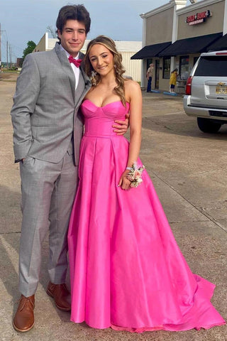 Fuchsia Strapless Satin Long Prom Dress With Pockets PSK432