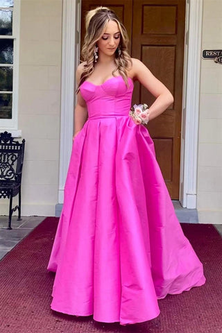 Fuchsia Strapless Satin Long Prom Dress With Pockets PSK432