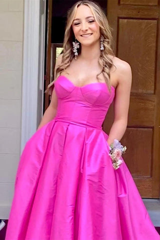 Fuchsia Strapless Satin Long Prom Dress With Pockets PSK432