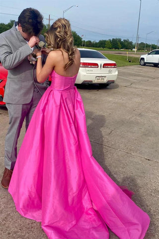 Fuchsia Strapless Satin Long Prom Dress With Pockets PSK432
