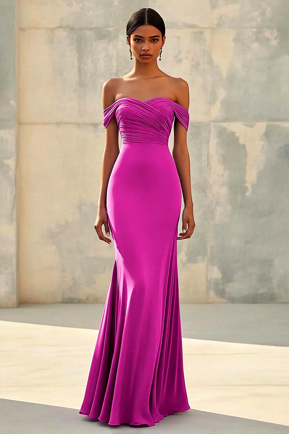 Vestido longo formal sereia de chiffon roxo com decote ombro a ombro