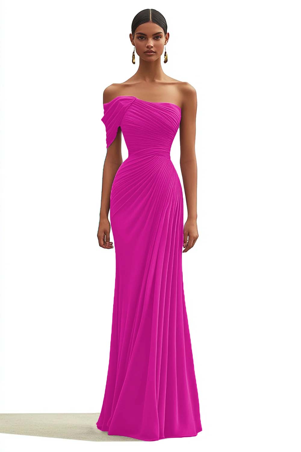 Vestido longo formal sereia verde escuro com um só ombro e pregas