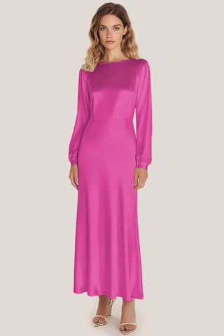 Dusty Sage Satin Neck A-Line Long Scoop Formal Dress with Sleeves