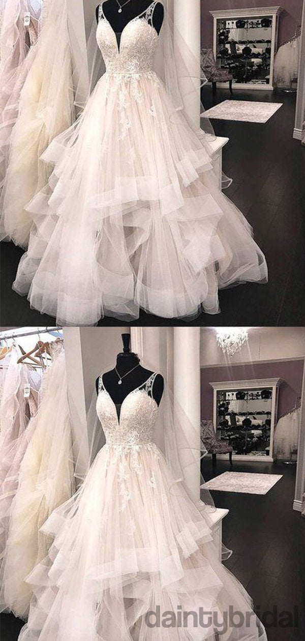 Vestido de noiva popular com decote em V, alças finas, renda e tule. DB10016