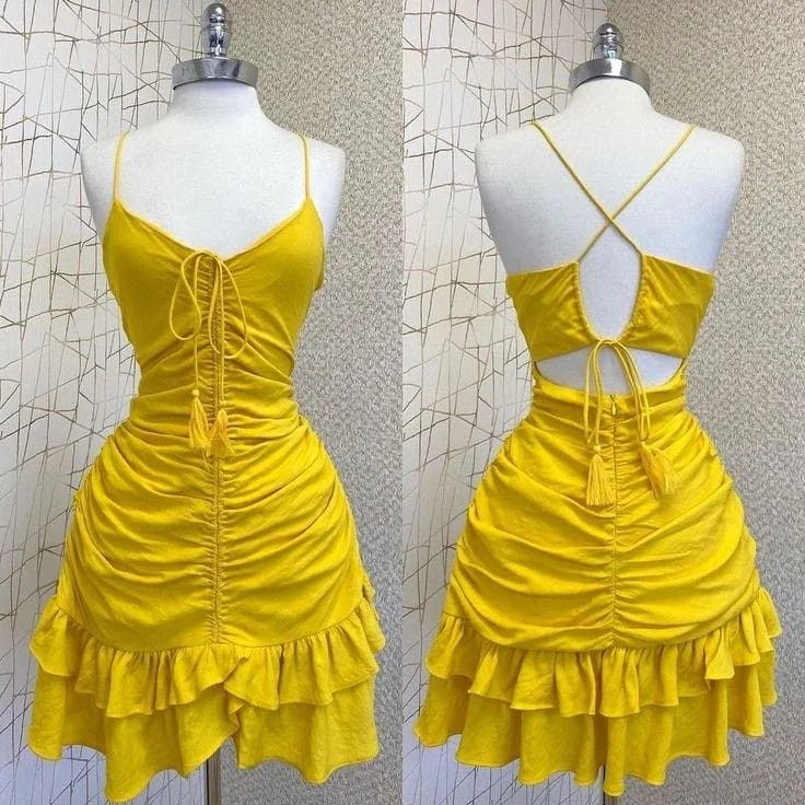 Vestido de Baile de Finalistas Amarelo em Linha A com Pregaçado Y2593