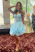 Blaues Homecoming-Kleid in A-Linie mit Tüll, kurzen Rüschen und kurzem Saum Y2770