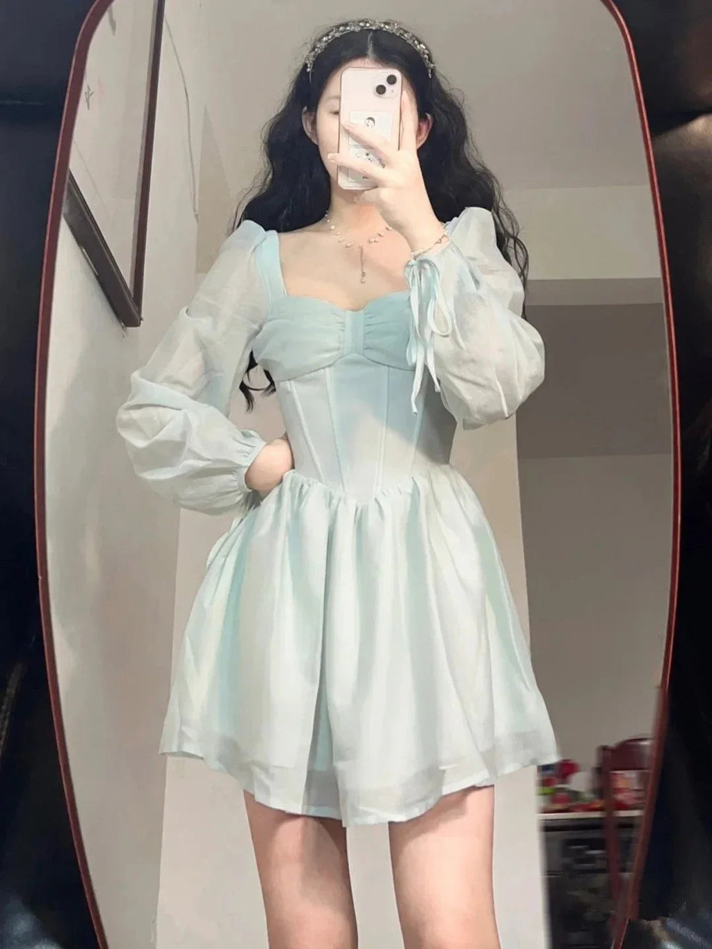 Retro A-Linie Homecoming-Kleid mit Langen Ärmeln Partykleid Y2517