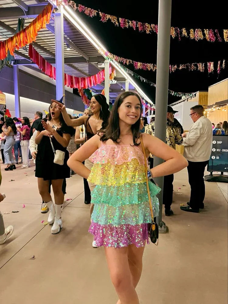 Vestido Brilhante de Lantejoulas para Mulher, Sem Mangas, Com Rendas Arco-Íris em Camadas, para Festas ou Noites no Clube Y2475