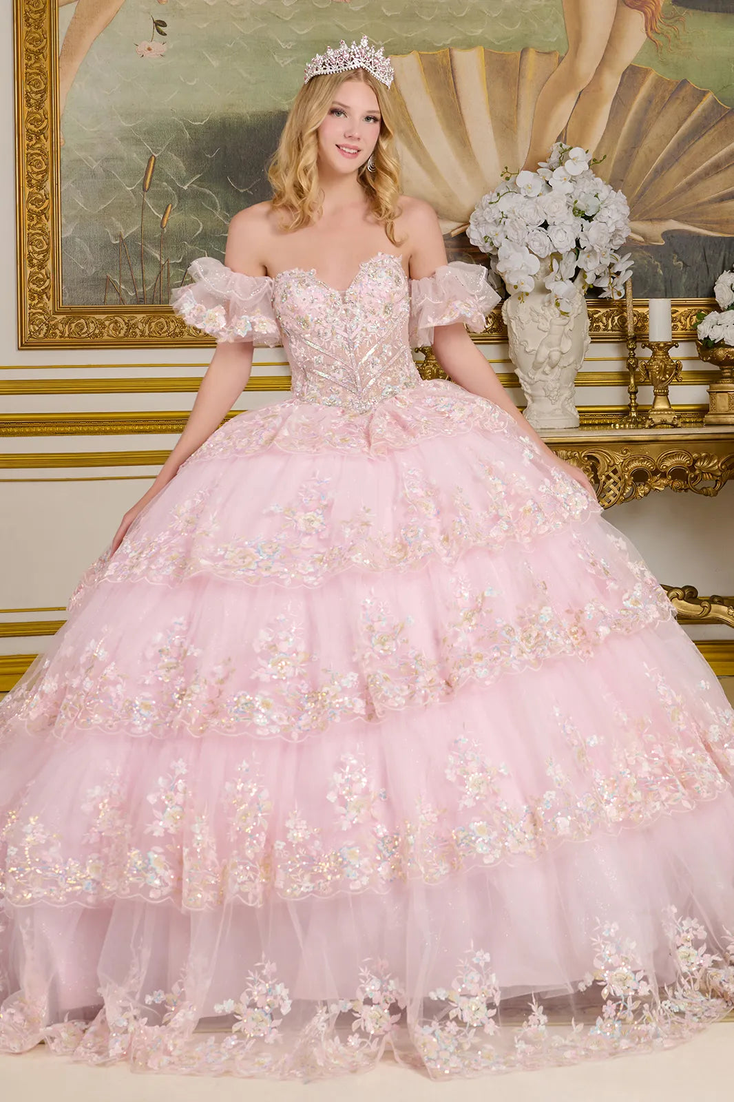 Off Shoulder Tiered Ball Gown by Elizabeth K GL3650