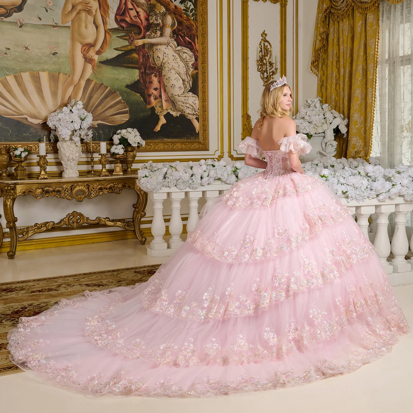 Off Shoulder Tiered Ball Gown by Elizabeth K GL3650