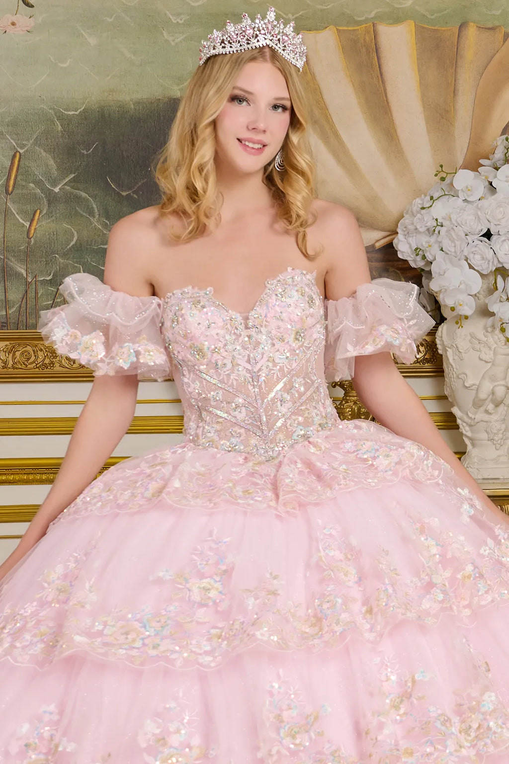 Off Shoulder Tiered Ball Gown by Elizabeth K GL3650