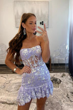 Trägerlos Lila Pailletten Enges Minikleid mit Rüschen Y2729