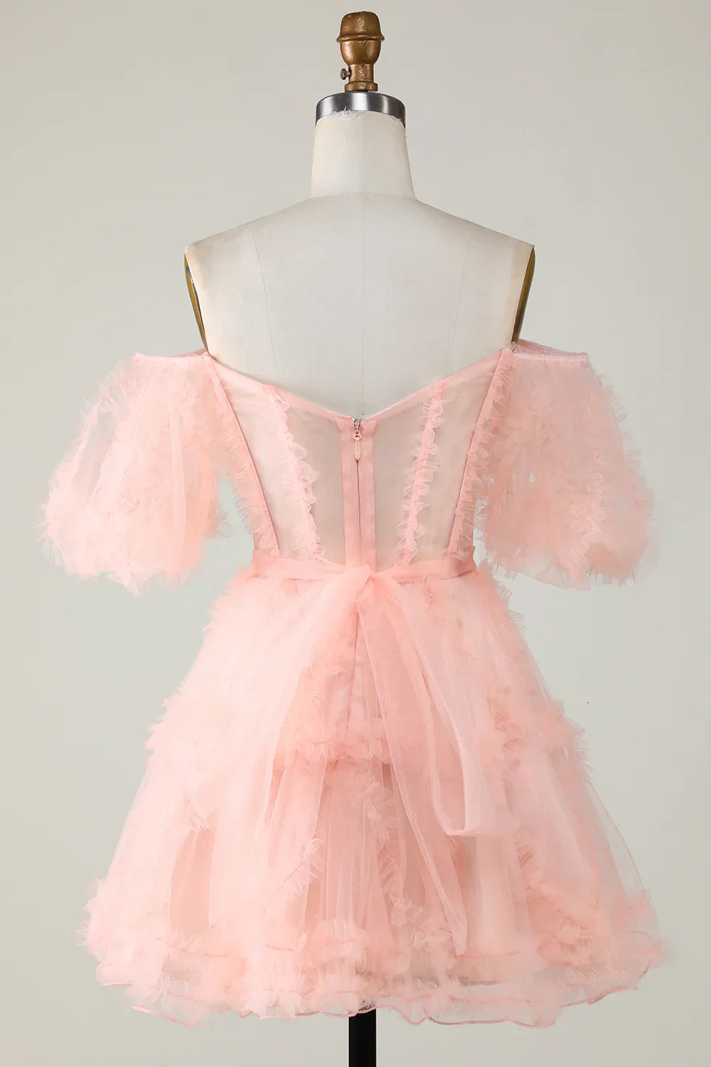 Vestido Corto de Tul Sonrosado para el Baile de Bienvenida con Hombros Descubiertos Y2616