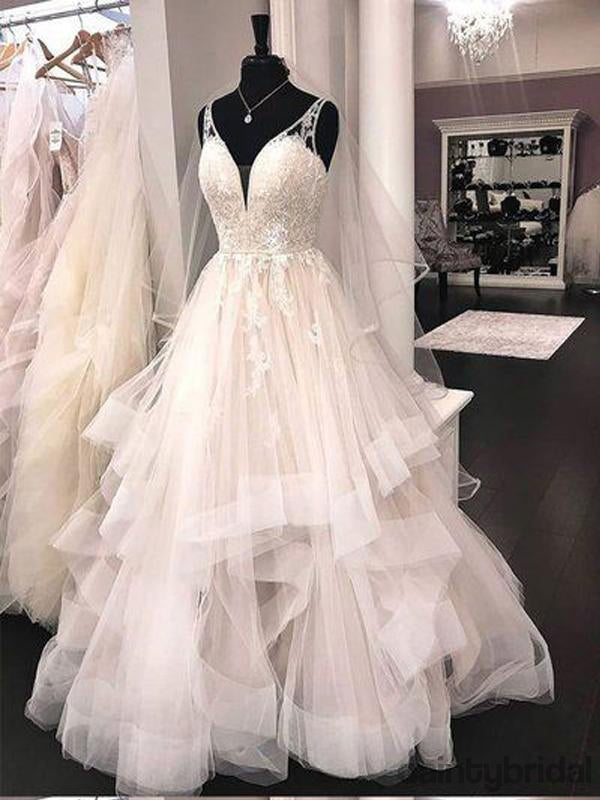 Vestido de noiva popular com decote em V, alças finas, renda e tule. DB10016