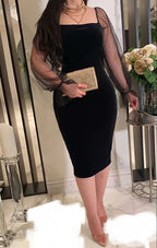فستان نسائي أنيق بأكمام فانوس وتصميم شبكي وتفصيلات مرقعة، فستان منتصف الطول رسمي للحفلات باللون الأسود، فستان قصير لاستقبال الخريجين Y5529