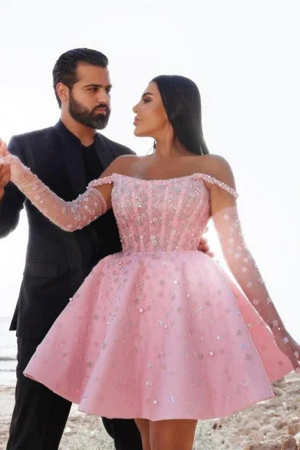 Verführerische kurze rosa Cocktailkleider schulterfreies Glitzer-Abschlussballkleid mit Spitze