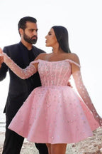 Verführerische kurze rosa Cocktailkleider schulterfreies Glitzer-Abschlussballkleid mit Spitze