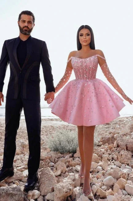 Verführerische kurze rosa Cocktailkleider schulterfreies Glitzer-Abschlussballkleid mit Spitze