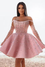 Verführerische kurze rosa Cocktailkleider schulterfreies Glitzer-Abschlussballkleid mit Spitze