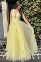 Glitter A-Line Tulle Beaded Yellow Long Prom Dress PSK529