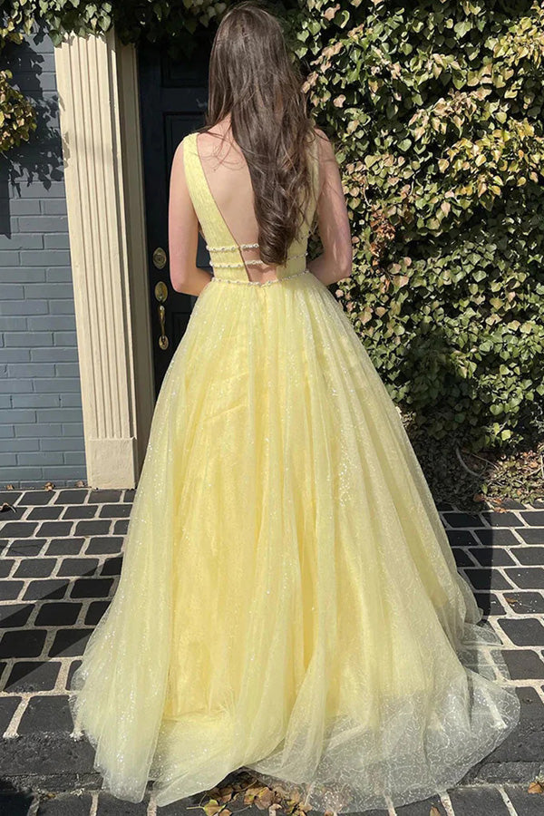 Glitter A-Line Tulle Beaded Yellow Long Prom Dress PSK529