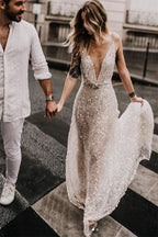 Glittering A-line Deep V-neck Open Back Wedding Dresses, Bridal Gown, MW623