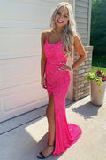 Glitzerndes, pinkes, langes Meerjungfrau-Abendkleid mit Schlitz PSK278