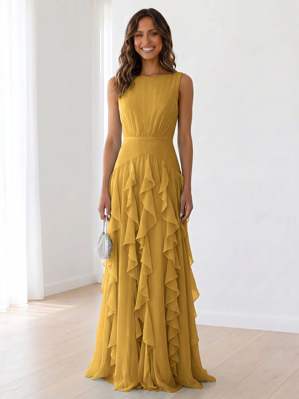 Sleeveless Tiered Chiffon Maxi Evening Gown with Ruched Bodice