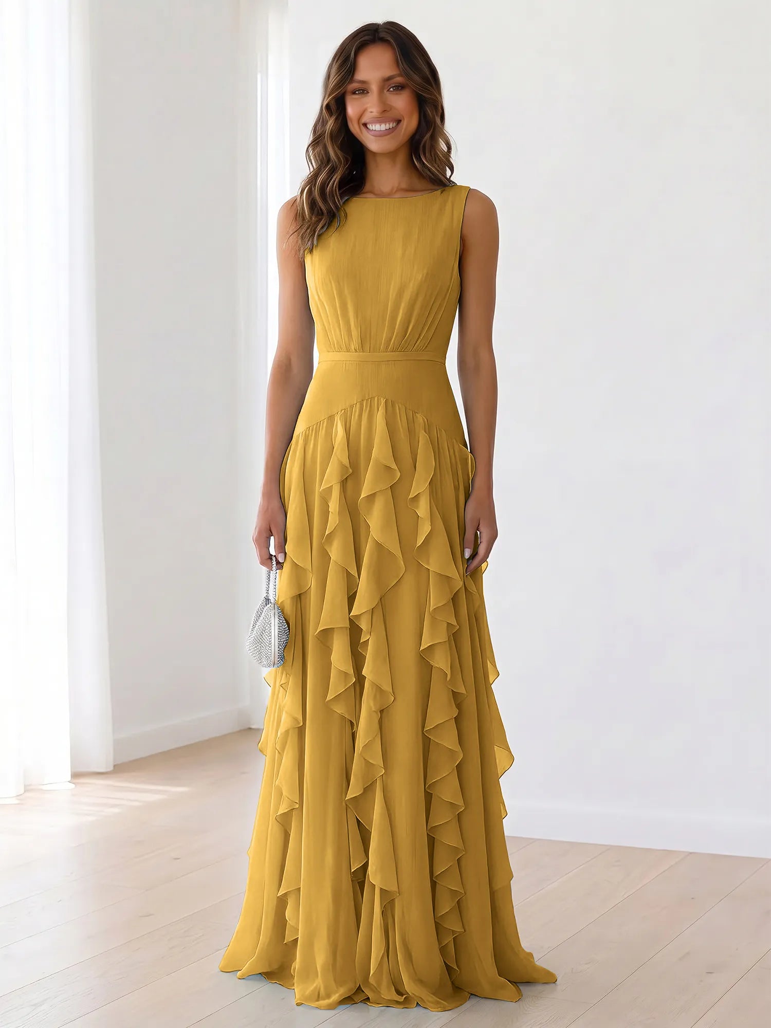 Sleeveless Tiered Chiffon Maxi Evening Gown with Ruched Bodice