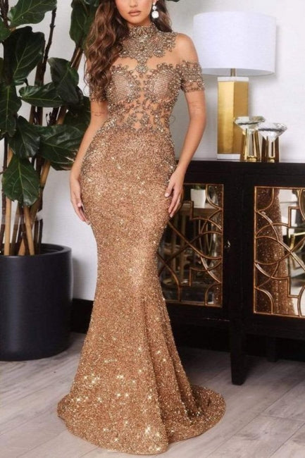 Goldene Trägerlose Glitzer-Meerjungfrau-Abendkleid mit Bodenlänge