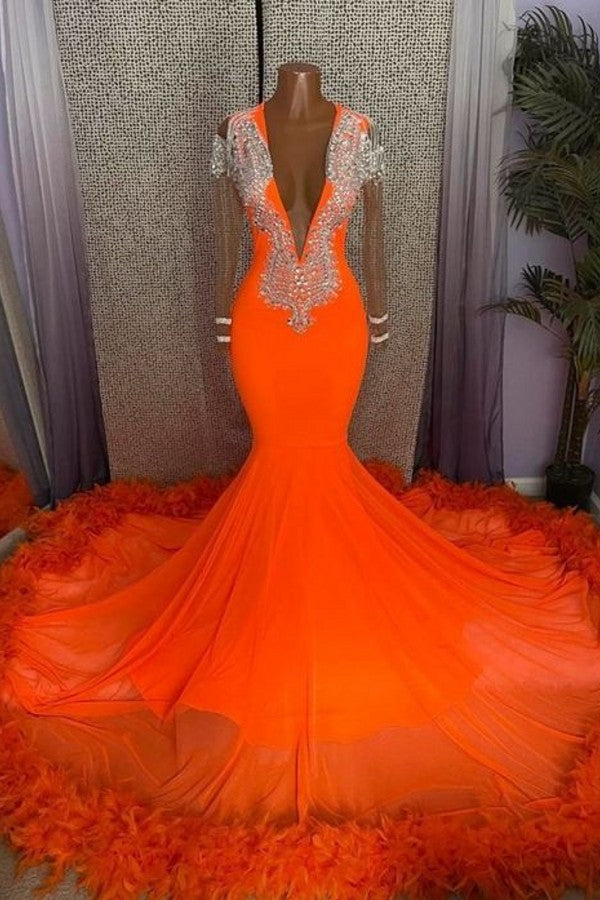 Lindo vestido de festa comprido laranja com decote em V e borlas, sereia e mangas