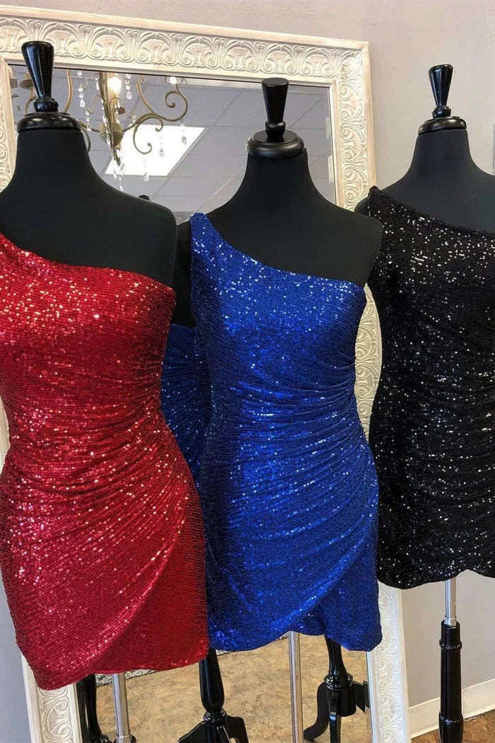 Prächtiges Kurzes Säulen-Ein-Schulter Ärmelloses Pailletten-Satin-Homecoming-Kleid