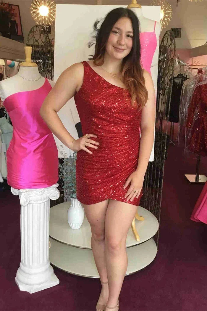 Prächtiges Kurzes Säulen-Ein-Schulter Ärmelloses Pailletten-Satin-Homecoming-Kleid