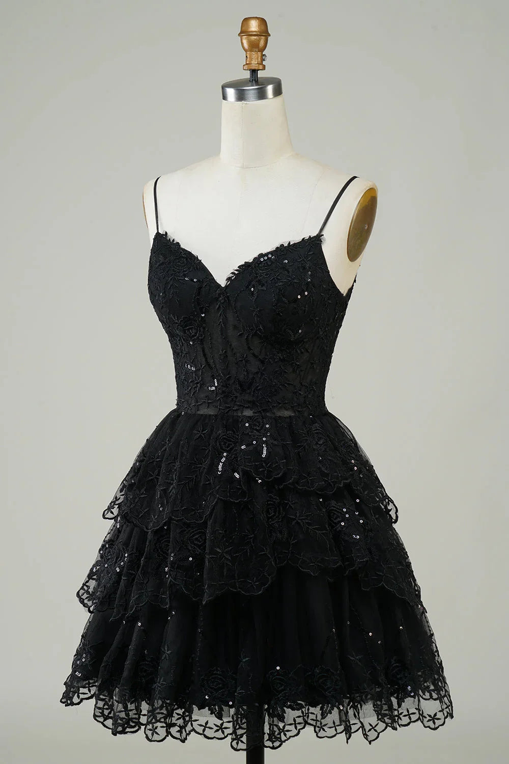 Niedliches Schwarzes A-Linien Funkelndes Pailletten Etagen Korsett Kurzes Homecoming Kleid