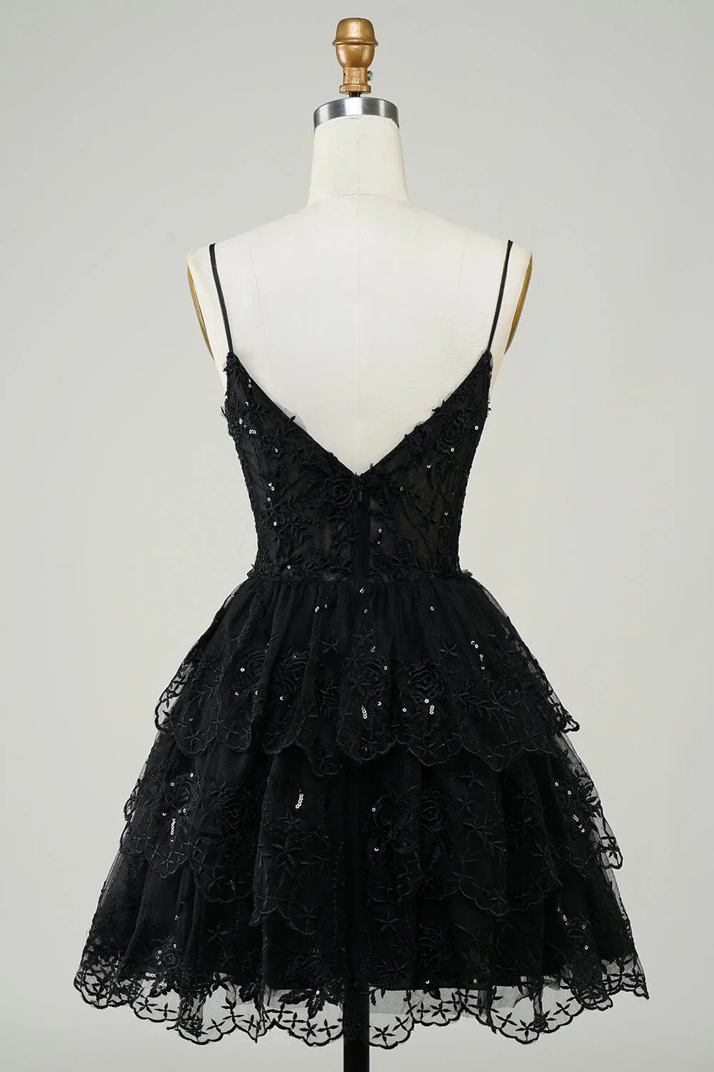 Niedliches Schwarzes A-Linien Funkelndes Pailletten Etagen Korsett Kurzes Homecoming Kleid